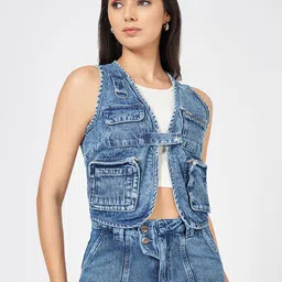 SF JEANS by Pantaloons Women Geometric Crop Denim Jacket with Embroidered-24