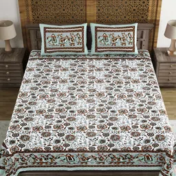 BLOCKS OF INDIA White & Blue Ethnic Motifs 120 TC King Bedsheet with 2 Pillow Covers-image-13