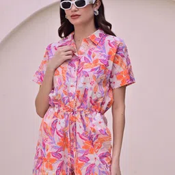 DL Woman Floral Printed Shirt Collar Jumpsuit-picture-24