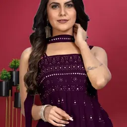 PARROT CREATION Floral Embroidered Sequinned Georgette Kurti With Palazzos And Dupatta image 4