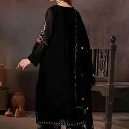 BLENDIFY Floral Embroidered Thread Work Georgette A-Line Kurta With Palazzos And Dupatta image 3