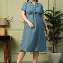 Oxolloxo Plus Size Collared Neck With Button Detail Elasticated Waist Tencel Denim Dress-picture-12