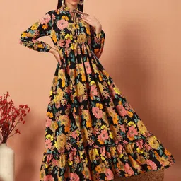 ZWERLON Women Floral Printed Tie-Up Neck Applique Fit and Flare Maxi Dress-image-37