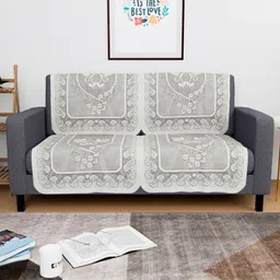 Aura Cream-Coloured & Grey Cotton 4 Piece Sofa Cover-13