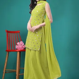 PARROT CREATION Geometric Embroidered Sequinned Georgette Kurti with Sharara And Dupatta image 3