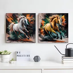 RANDOM Green & Orange-Coloured 2 Pieces Horses Canvas Wall Art-1