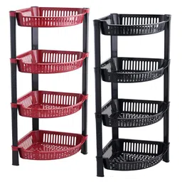 Kuber Industries Black & Brown 2 Pcs 4 Tier Folding Plastic Fruit & Vegetable Basket Stand-20