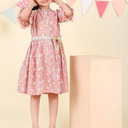 Fabindia Girls Floral Printed Bell Sleeves Cotton Fit & Flare Dress-image-56