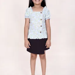 KiddoPanti Girls Printed Top With Puff Sleeve & Over Lap Skort Clothing Set-image-55