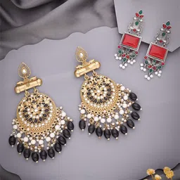 Anouk Set Of 2 Silver-Plated Artificial Stones and Beaded Geometric Shaped Drop Earrings-38