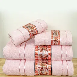 RANGOLI Peach-Coloured 4 Piece Printed Cotton 450 GSM Towel Set-image-60