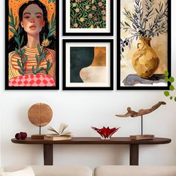 Kotart Black , Orange & Green 4 Pieces Floral and Botanical Wooden Wall Arts-picture-45