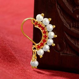 TEEJH Gold-Plated Pearls & Artificial Beads Ring Nosepin-image-97