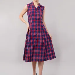 FLY STITCH Women Checked Shirt Collar Cotton Fit and Flare Midi Dress-image-46