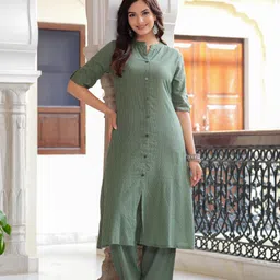 Subh LAXMI Striped Mandarin Collar Regular Kantha Work Kurta With Palazzos-picture-24