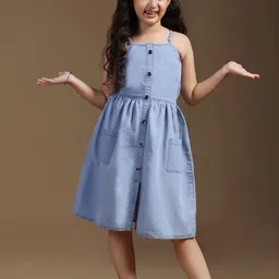 OMPAX Girls Solid Shoulder Straps Denim Fit & Flare Dress-picture-46