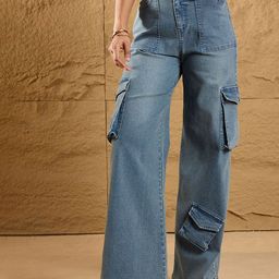 SASSAFRAS Women Straight Fit High-Rise Low Distress Light Fade Stretchable Cargo Jeans-image-92