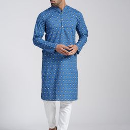Cotton Curio Men Ethnic Motifs Printed Thread Work Block Print Kurta-picture-5