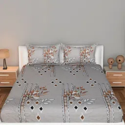 BEDROSE Cream-Coloured & Grey Floral 144 TC King Bedsheet with 2 Pillow Covers-image-83