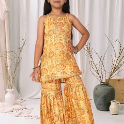 Cutiekins Girls Floral Printed Kurta with Sharara & Dupatta-picture-15