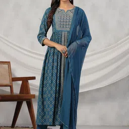 Sangria Blue Floral Embroidered Mirror Work Pure Cotton Kurta With Trousers & Dupatta-picture-52