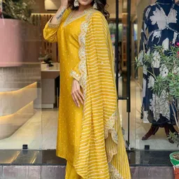Royal Export Bandhani Printed Gotta Patti Work Chanderi Kurta With Trousers & Dupatta image 3