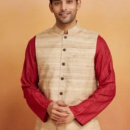Fabindia Men Pure Silk Woven Design Nehru Jackets-picture-40