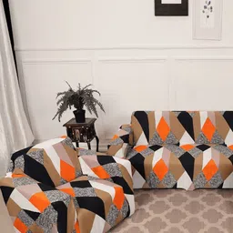GIFTS ISLAND Orange & Brown Printed Polyester 3 Piece Sofa Cover With Arms-image-92