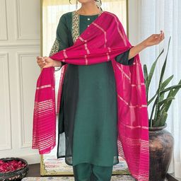 KALINI Women Embroidered Regular Thread Work Kurta with Trousers & With Dupatta-3
