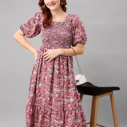 Femvy Women Floral Printed Square Neck Smoked Puff Sleeve Fit & Flare Midi Dress-picture-47