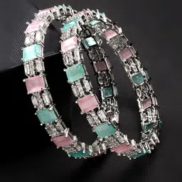 NVR Set Of 2 Silver Plated Cubic Zirconia Studded Bangles-14