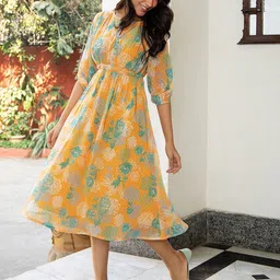 Janasya Women Mustard Dobby Georgette Floral Printed Flared Dresses-image-19