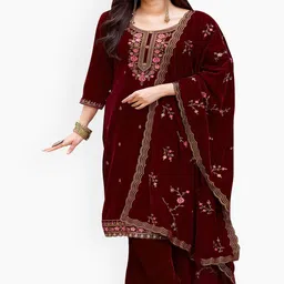DRAVINAM Trends Floral Embroidered Sequinned Work Velvet Unstitched Dress Material-image-8
