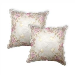 MONKDECOR Pink & White Set of 2 Floral Embroidered Square Cushion Covers-29