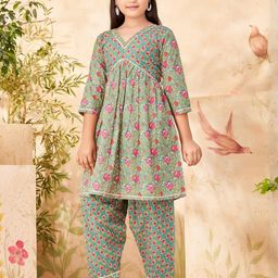 Muhuratam Girls Green Pure Cotton Kurta Sets-image-45