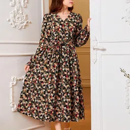 Billion Floral Print Puff Sleeve Belted Fit & Flare Midi Dress-36