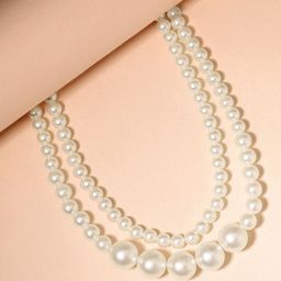 MANSIYAORANGE Rhodium-Plated 2 Layer Pearls Beaded Layered Statement Necklace-image-93