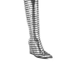 London Rag Women Woven Design Casual Croco Metallic Long Boots-image-80