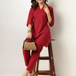 Janasya Women's Maroon Cotton Solid A-Line Co-ord Set-picture-12