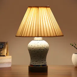 Devansh Off White Textured Wooden Frustum Shaped Table Lamp With Mosaic Glass Base-11