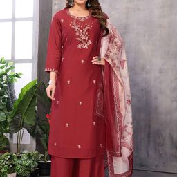 SUNDARNAARI Floral Embroidered Thread Work Kurta with Palazzo & Dupatta-43
