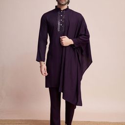 ODETTE Striped Regular Mirror Work Kurta with Trousers & Dupatta image 2