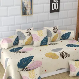 Aura 8 Pcs Cream-Colored & Teal-Blue Printed Cotton Diwan Set-29
