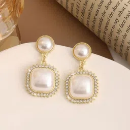 Celestria Artificial Stones Studded & Pearls Beaded Square Korean Drop Earrings-10