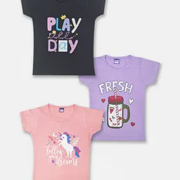 Here&Now X Game Begins Girls Pack of 3 Printed Pure Cotton T-shirts-image-65
