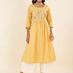 RANGMANCH BY PANTALOONS Floral Embroidered Thread Work Pure Cotton Anarkali Kurta-image-94