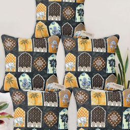 Blue Grass Grey & Yellow 5 Pieces Floral Velvet Square Cushion Covers-image-88