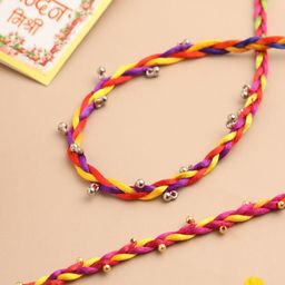 Sangria Set Of 2 Artificial Beaded Thread Rakhis With Roli Chawal Chandan & Mishri image 3