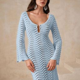 Miss Mosa By Akanksha Women Ice Blue Shirly Luxe Crochet Knit Dress-picture-11