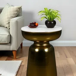 Royaloak White & Bronze Toned Marble Round Isadora Bedside Table-image-13